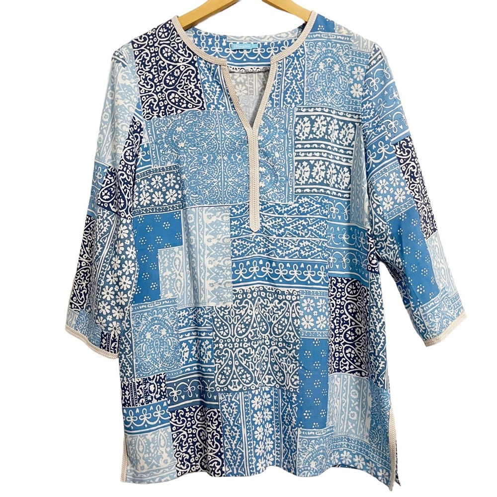 J. McLaughlin Shades of Blue Patchwork Tunic Top Size Medium